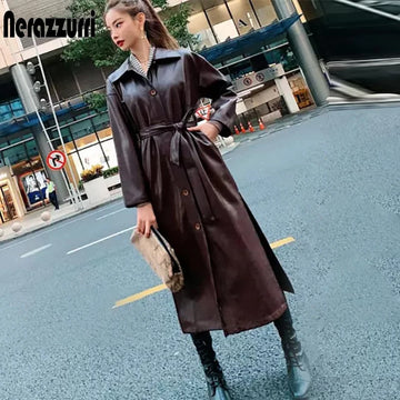 Autumn Long Leather Trench Coat Women Belted Fashion