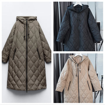 Women's Quilted Hooded Puffer Jacket: New Long Loose Version