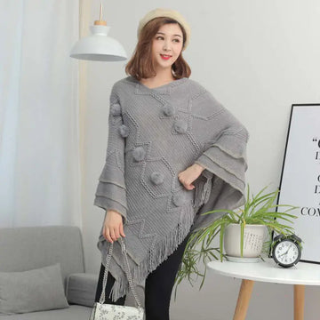 Gray Women's Spring Knit Tassel Pullover Shawl Cape