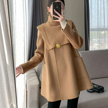 High-End Woolen Cape Coat: Hepburn Style Mid-Length Overcoat