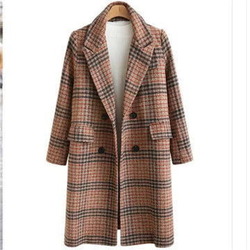 Winter Oversize Woolen Plaid Peacoat: Long Double-Breasted Jacket
